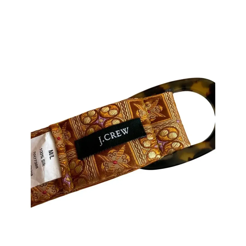 J Crew Silk Jacquard Belt Golden Mustard Brown Print